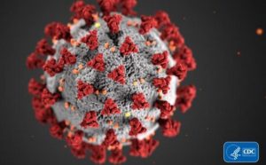 coronavirus molecule image. gray ball with red tufts coming out of it. Darker gray background